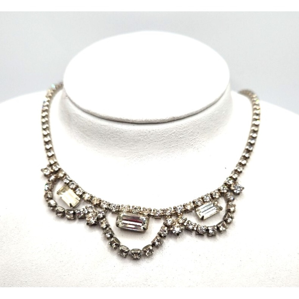Silvertone Tennis Rhinestone Choker Necklace 14.5" Long Designer Vintage Women's